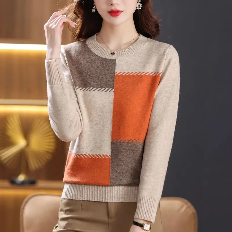 

Women Clothing Color Block Knitwear Casual Loose O-neck Sweaters Female Winter Thick Contrast Style Kniited Top