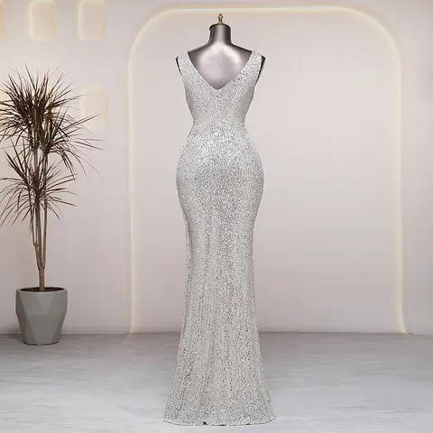 वी-गर्दन बिना आस्तीन चांदी शाम के कपड़े प्रोम पोशाक लक्जरी शादी की पार्टी के कपड़े औपचारिक अवसर वस्त्र डे सोइरी दुल्हन के कपड़े 6 best sales चांदी के कपड़े - №5