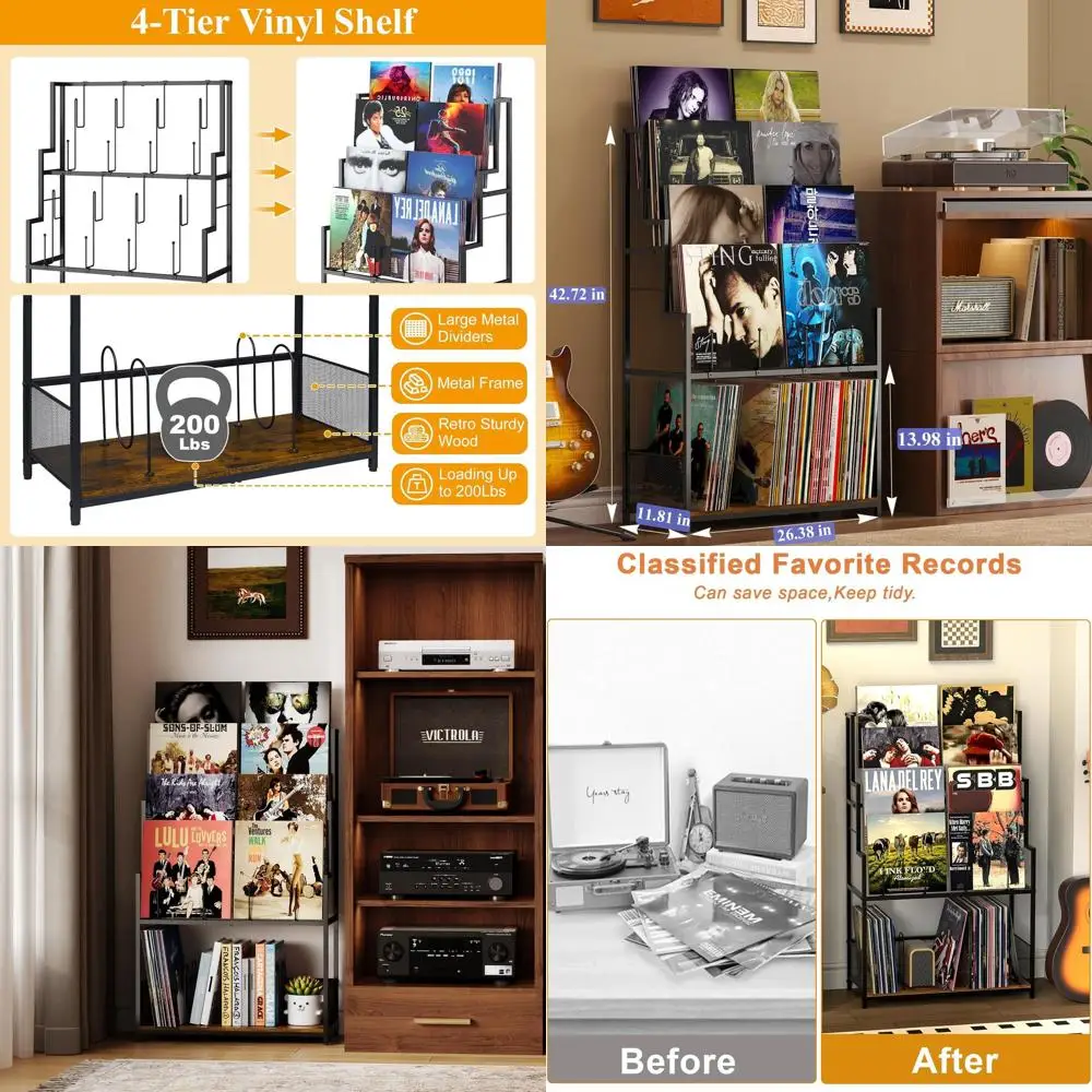 

5-Tier Vinyl Record Storage Stand with Display Shelves, Large Capacity Organizer for 150-280 Albums, Metal Rack for CDs, DVDs, M
