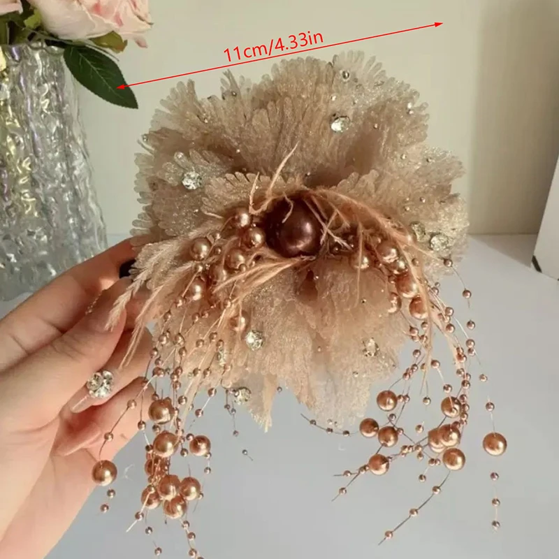 1PC Elegant Mesh Flower Hair Clip For Women Elegant Pearl Tassel Shark Clip Fashion Girl Ponytail Clip Hair Accessories