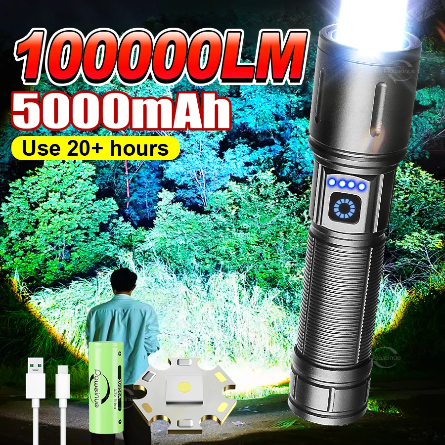 Alloy High Power LED Flashlights 5000mAh Battery USB Rechargeable Strong Light Tactical Lantern Outdoor Camping Hiking Torch