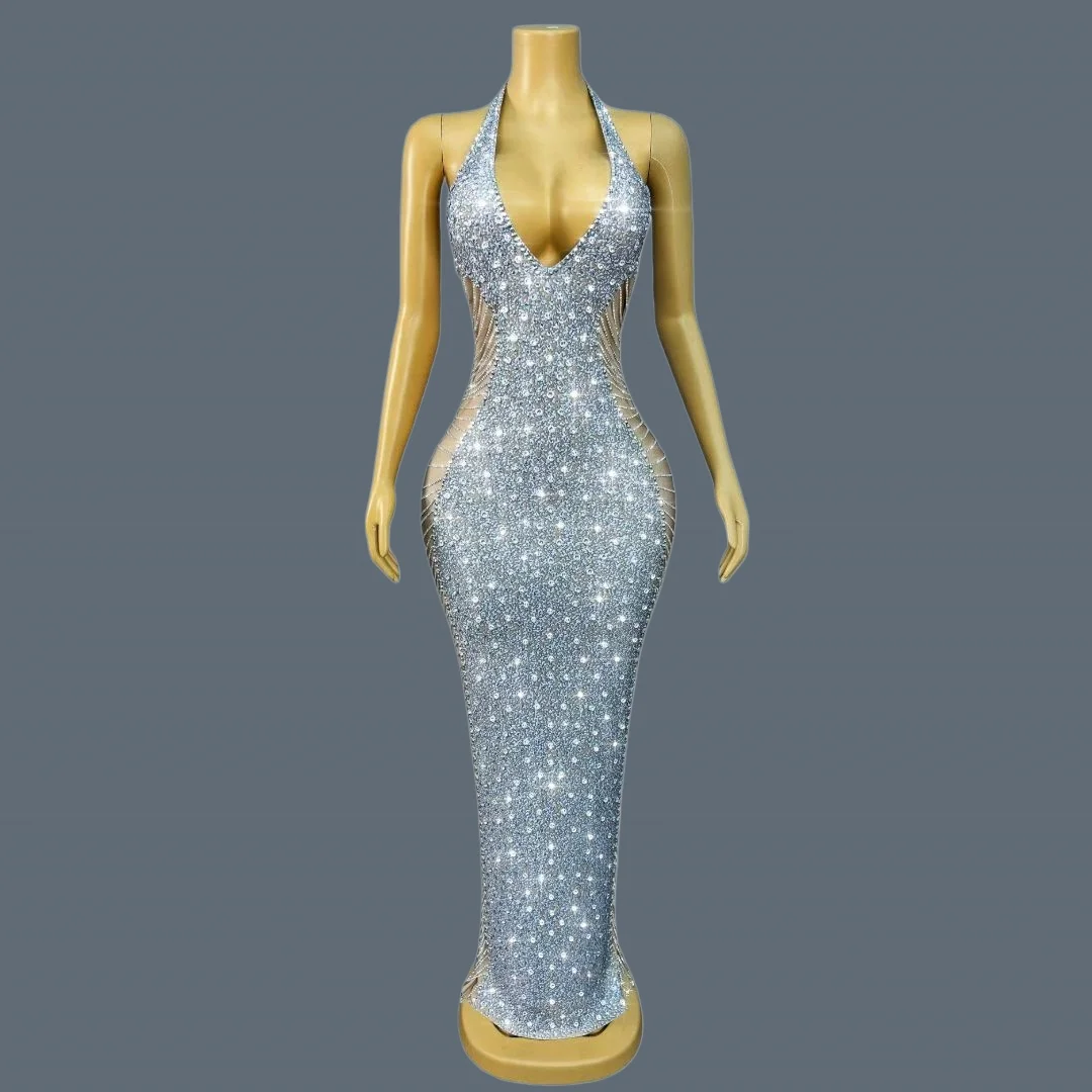 

Women Sparkly Rhinestone Mesh See Through Evening Dress Birthday Party Sexy Deep V Neck Gown Club Bar Stage Costume Lianliankan
