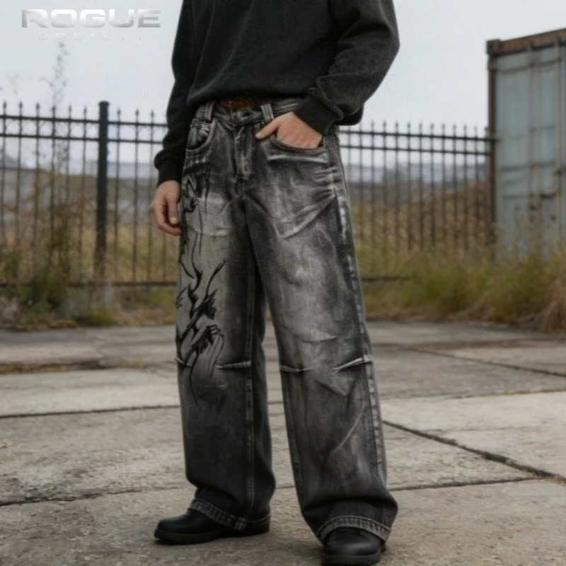 

Luxury American Vintage Y2K Graphic Distressed Men Baggy Wide Leg Jeans Pocket Hip Hop Summer High Street Harajuku Denim Pants