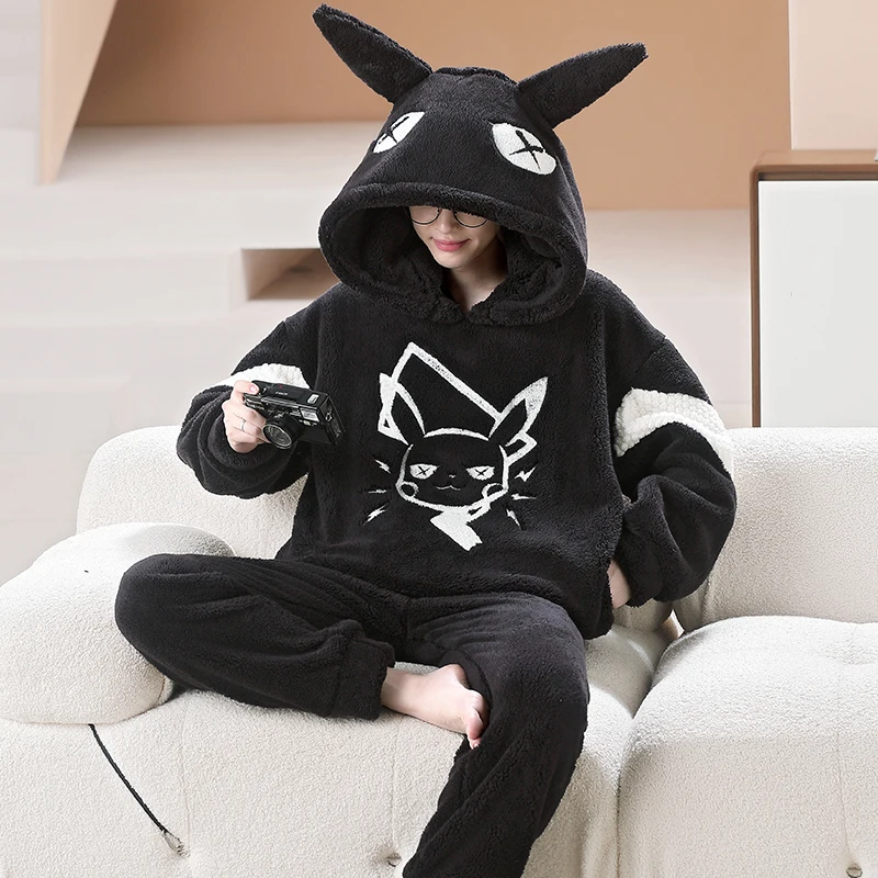 New Winter Men's Pajamas Plush Coral Fleece Pajamas Boy Thickened Sleepwear Student Long Sleeves Hooded Cartoon Warm Loungewear