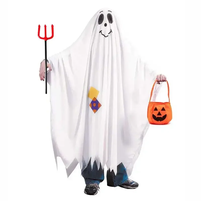 Kids Top Quality Ghost Cloak Long Cape White Tassels Performance Cosplay Party Dress Up Boys Girls Ghost Halloween Costume MN11