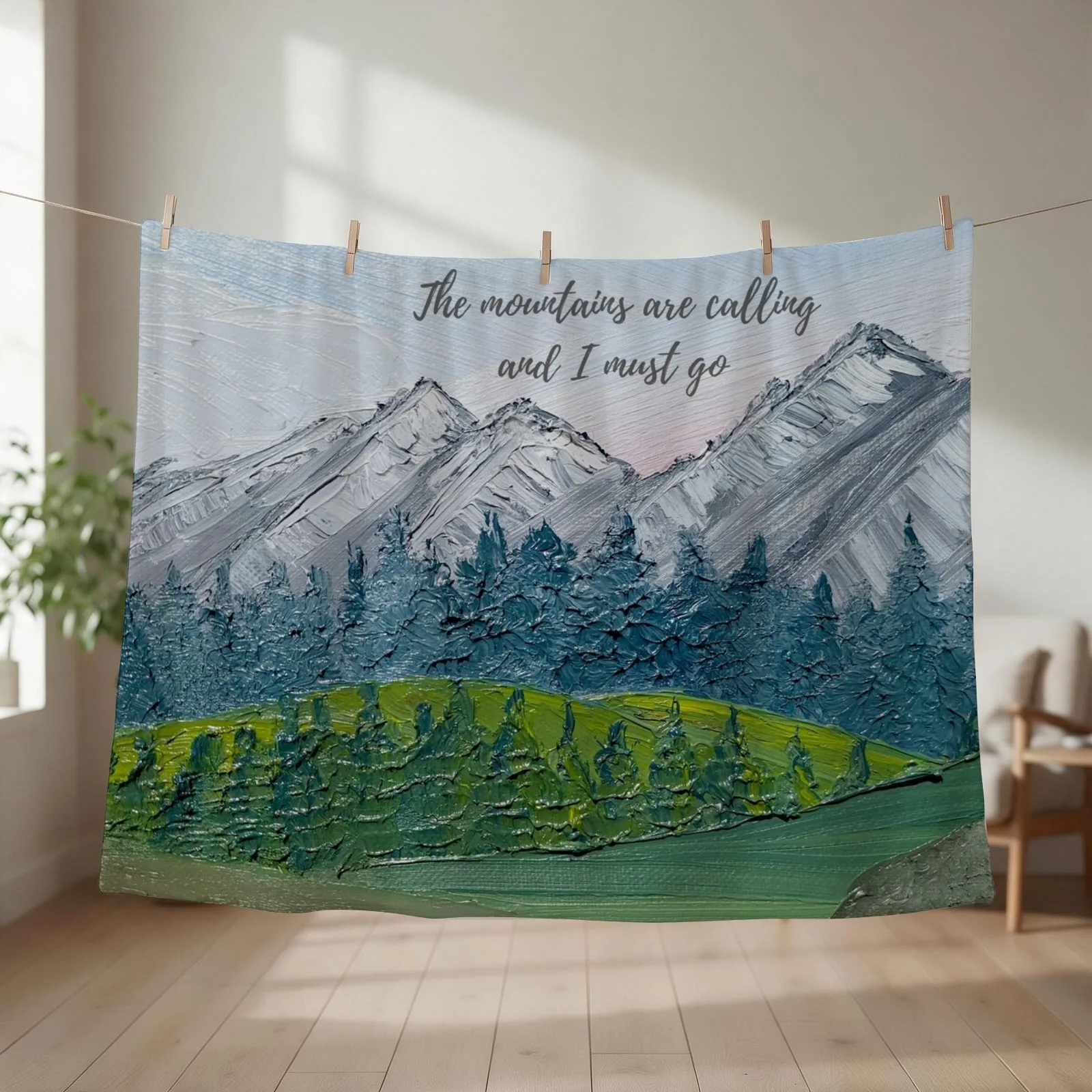 The mountains are calling and I must go - John Muir w/ oil painting background Throw Blanket Stuffeds bed plaid Thin Blankets