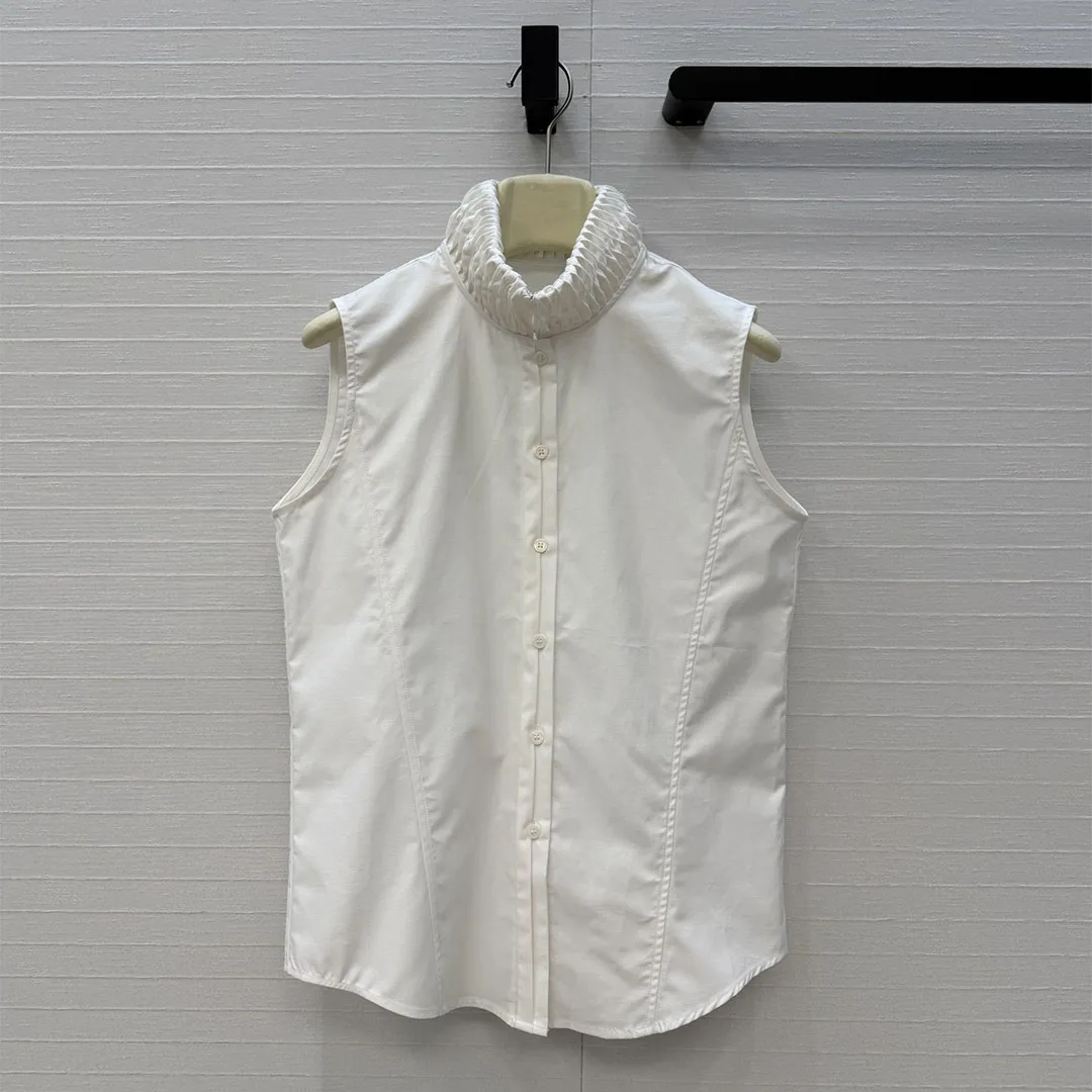 

Новая хлопковая блузка без рукавов для женщин, весна-лето 2026, с плиссированным воротником-стойкой, однотонная, для офиса, милая