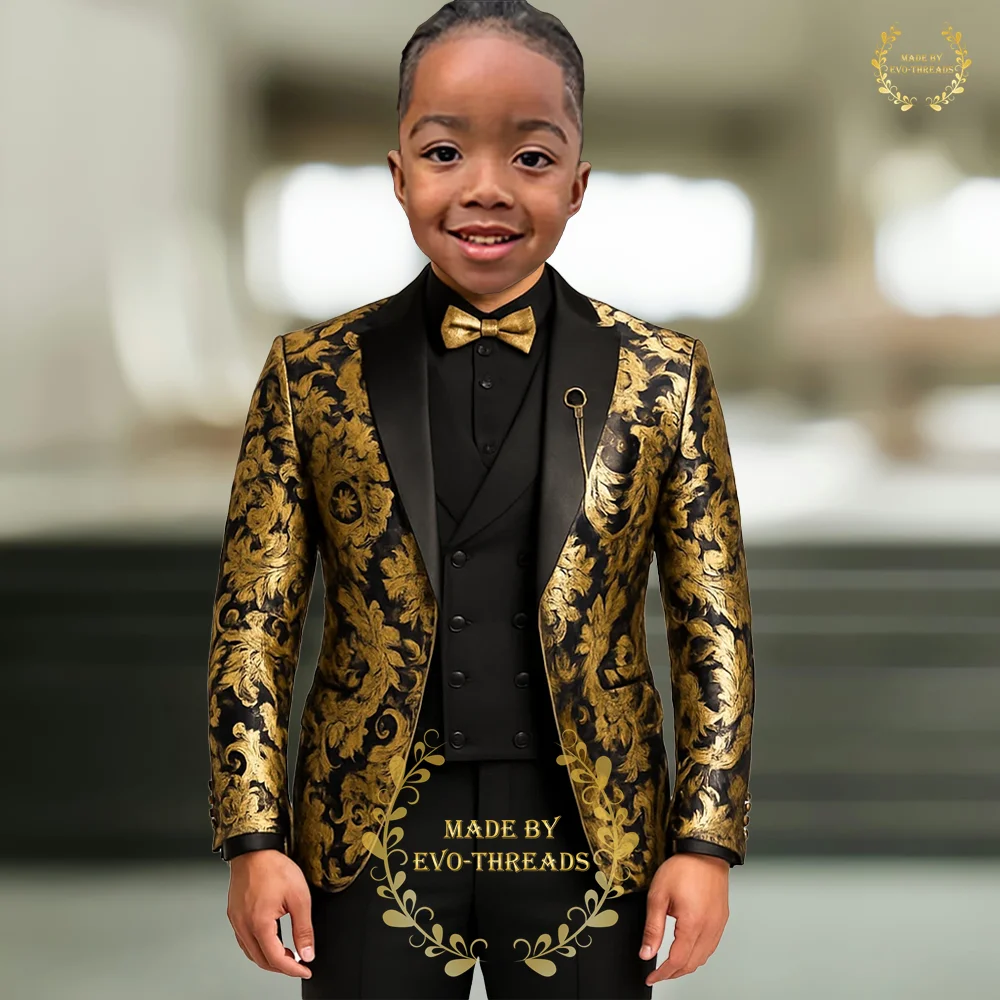 Premium Boys Jacquard Suit 3 Piece Set Gold Floral Jacket Pants Vest Wedding Kids Formal Style Tailored Slim Fit Tuxedo