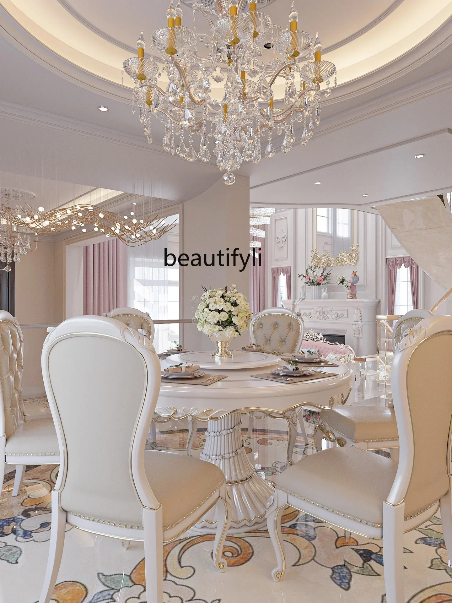 

Cy Court French Furniture European Solid Wood Carving Flower Dining Table 1.5 Meters Round Table With Turntable