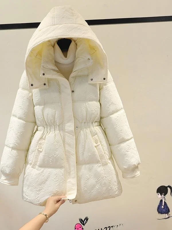 Women's Thickened Long Cotton Jacket Autumn Winter Korean Style Removable Hat Waist Cinched down Jacket Polyester Fiber