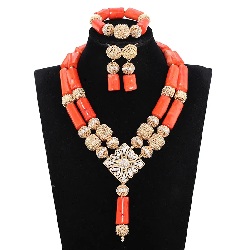 Dubai Indian Bridal African Coral Jewelry Sets Splendid Coral and Gold Nigerian Wedding Coral Beads Jewelry Set Original ABH535