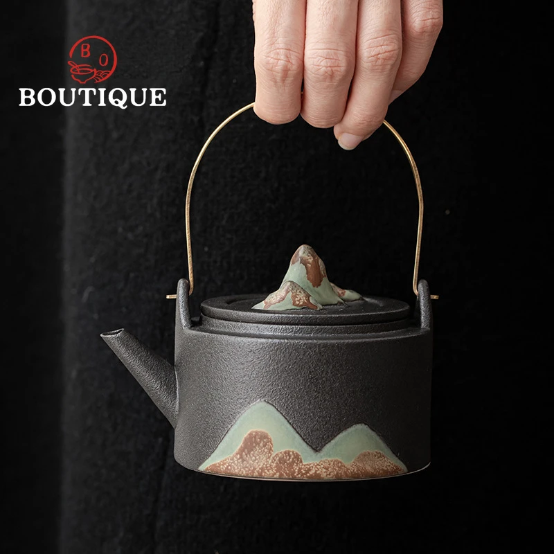 Japanese-Style Glaze Painting Color Hand-Painted Mountain Shadow Loop-Handled Teapot Kung Fu Tea Set Tea Pot Small Single Pot