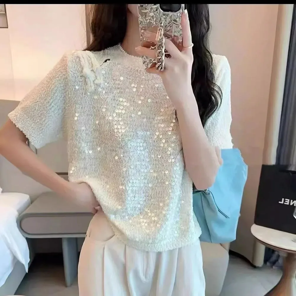 2024 Summer Sweaters For Women Fashion Exquisite Sequin Top Solid Color Short Sleeve Knitwears Ladies Slim Knitted Pullovers New