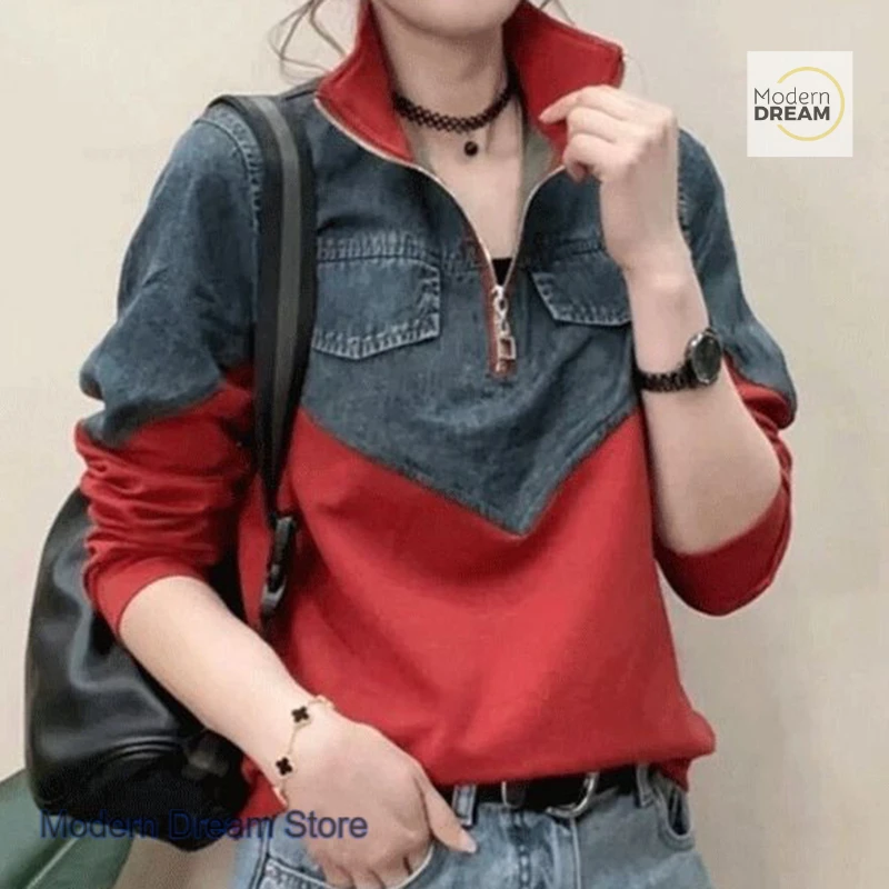 

Spring and autumn new fashion casual half zipper design sense sweater female Korean version loose Joker thin stitching top.