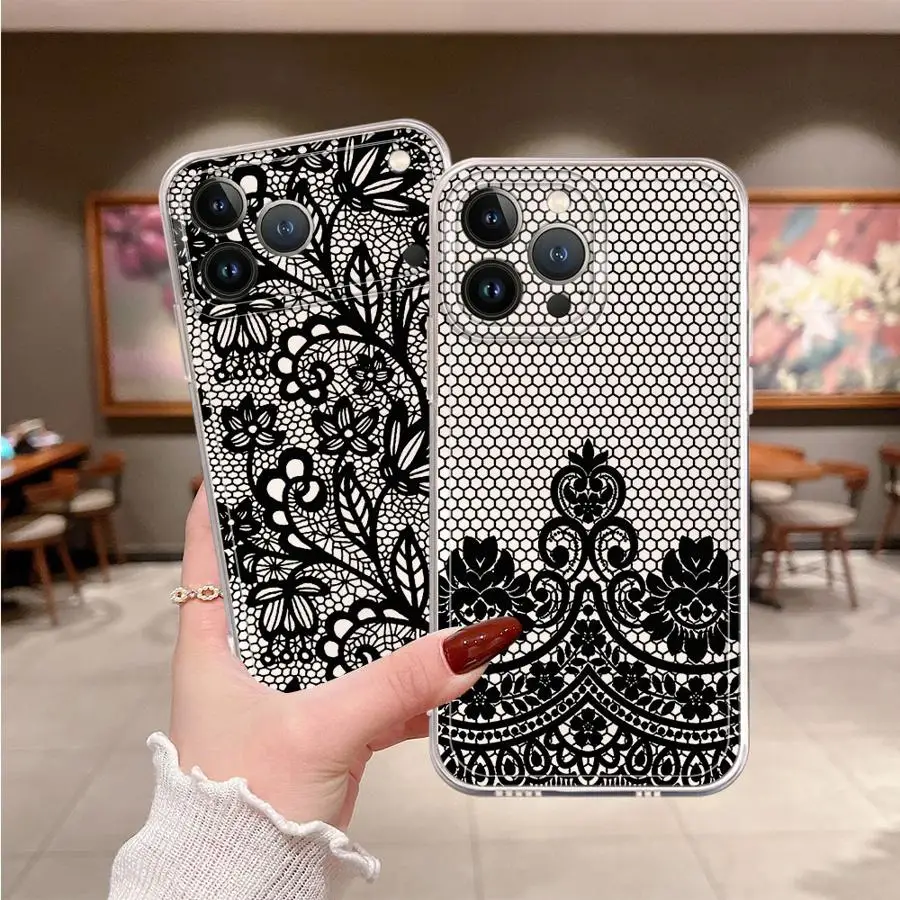 Black Fashion Cool Lace Case for iPhone 17 Pro Max 11 12 Mini 15 XS Max 16 14 Plus XR 13 Pro Air 17e Soft Phone Cover