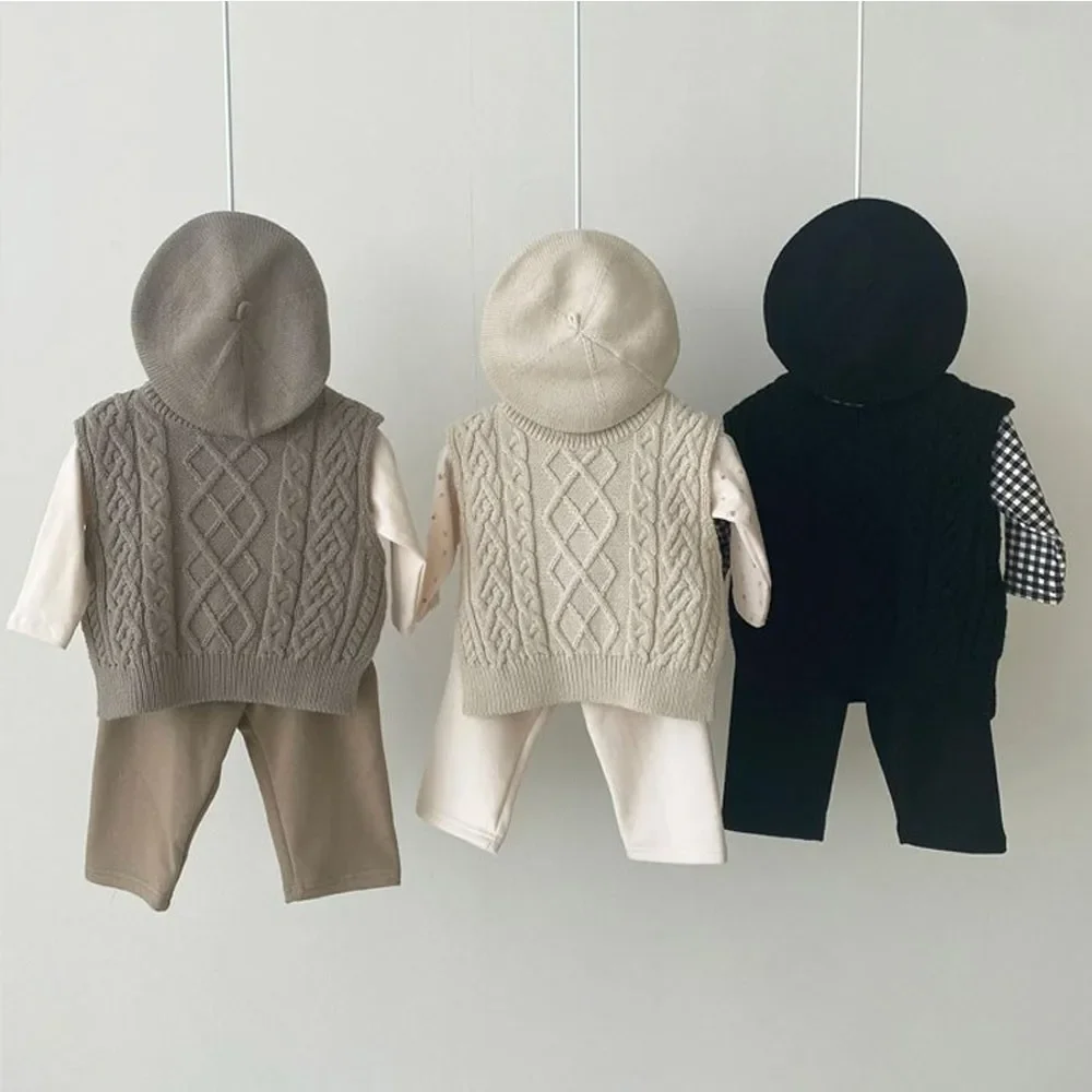 

Baby Girl Knitwear Sleeveless Sweaters Autumn Boys Cotton Vest Coat Solid Tops Knit Waistcoat Toddler Pullover Outerwear 0-3Y