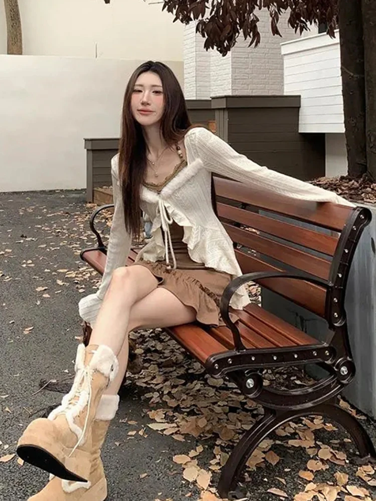 American Vintage Slim Fit Camis Dress Women Ruffles Patchwork Long Sleeve Knitted Cardigan New Spring Fashion Two Piece Sets