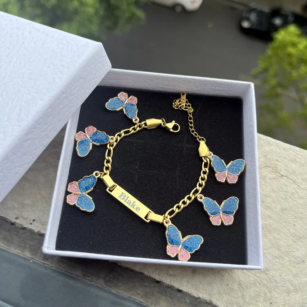 DUOYING Butterfly Name Bracelet Customized Letters Personalized Charms Nameplate Chains Bracelet Stainless Steel For Kids