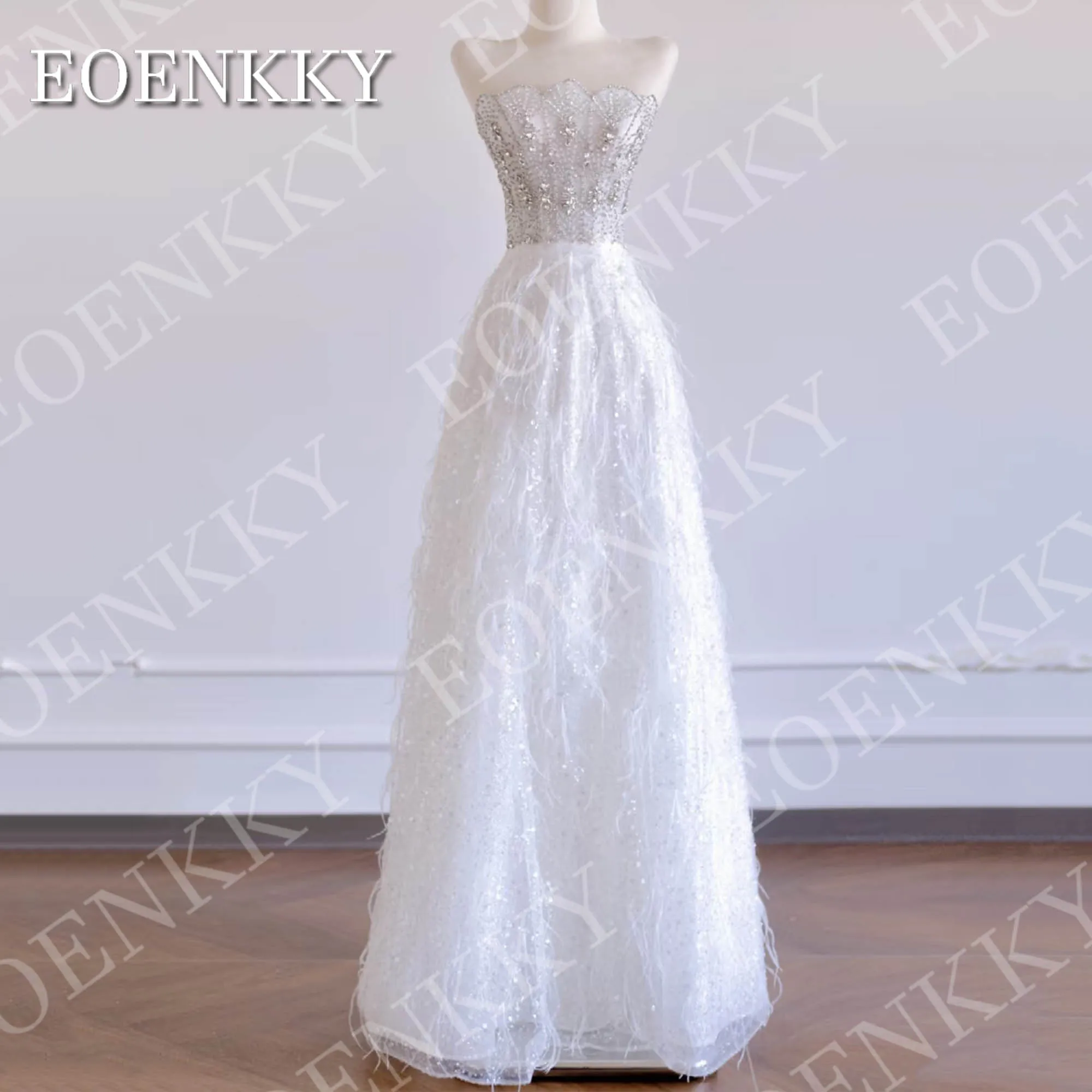 

EOENKKY Exquisite Sparkly Prom Dress Beaded Sequins Strapless Crystal Luxury Feather A Line Wedding Party Dresses Customized