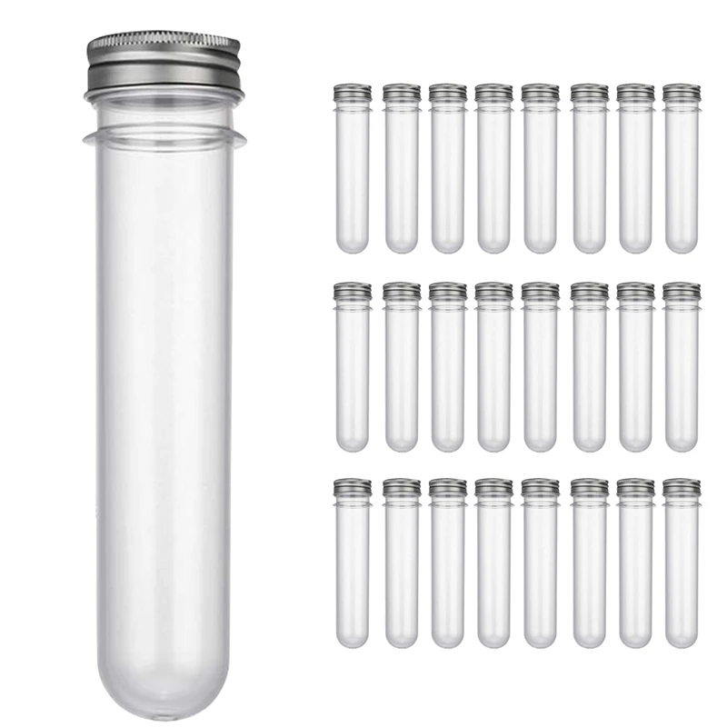 25Pcs 45ML Plastic Test Tubes Metal Cap Screw Lid Round Bottom Wedding Party Candy Cosmetic Travel Lotion Containers