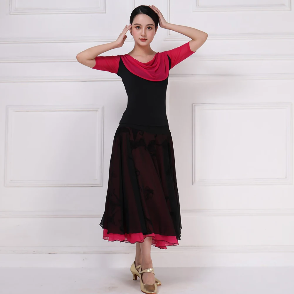 Rose Red Long Dress New Style Stage Costume Practice Clothes Ballroom Dance Suit Skirt Standard Competition Dresses Shirt Waltz
