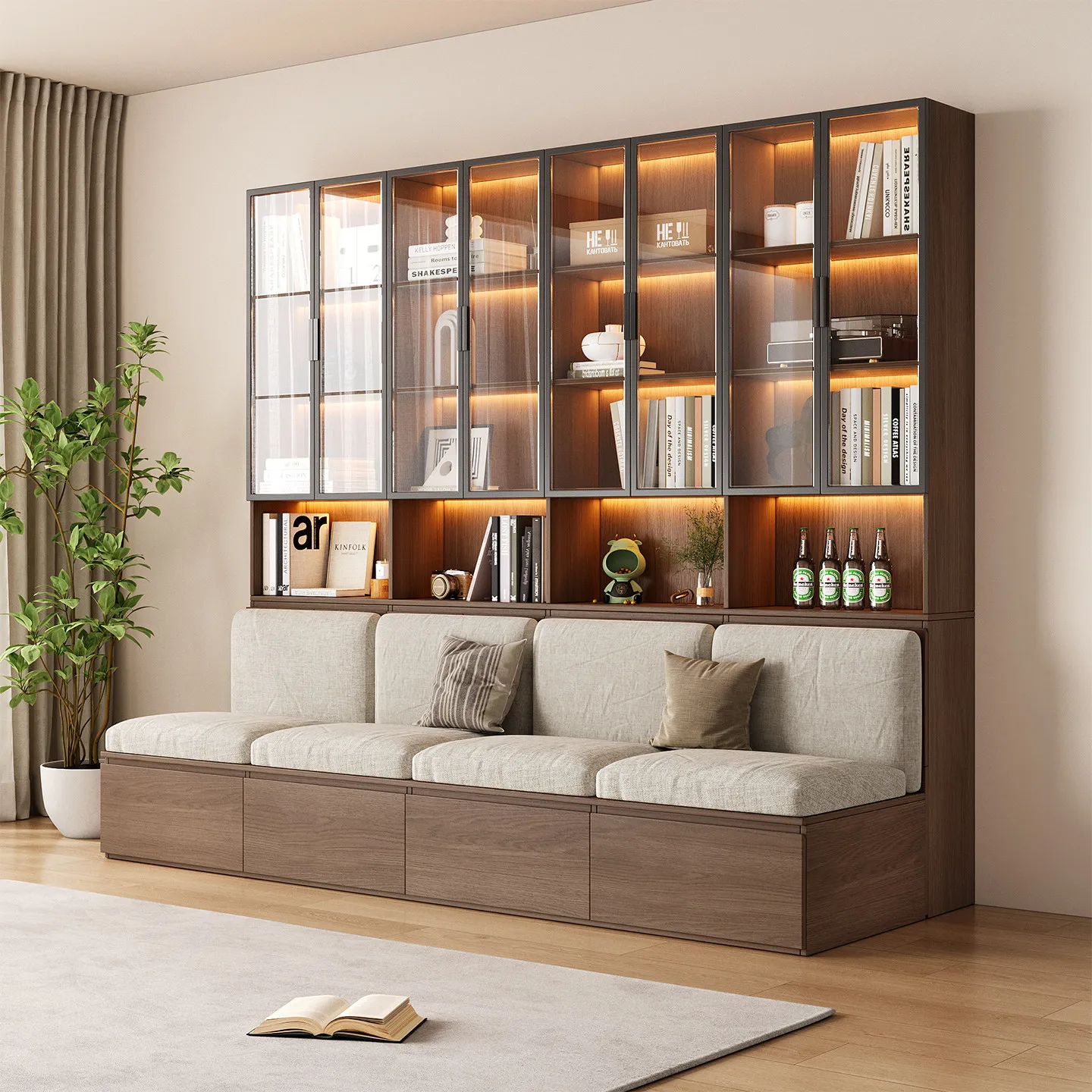 Solid wood sofa bookcase integrated living room wall cabinet bookcase combo multifunctional bookshelf storage cabinet with glass