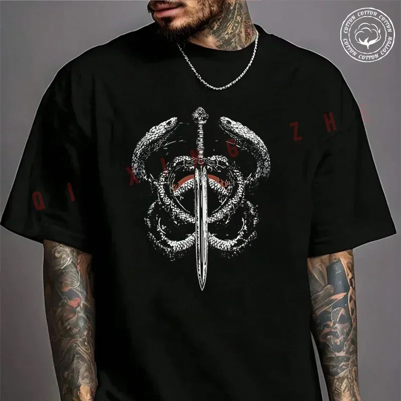 

2026 Men T Shirt Casual A Sword Surrounded By Two Snakes Design Motorcycle T-shirt Graphic Cotton Motorbike Biker Cafe Racer Tee