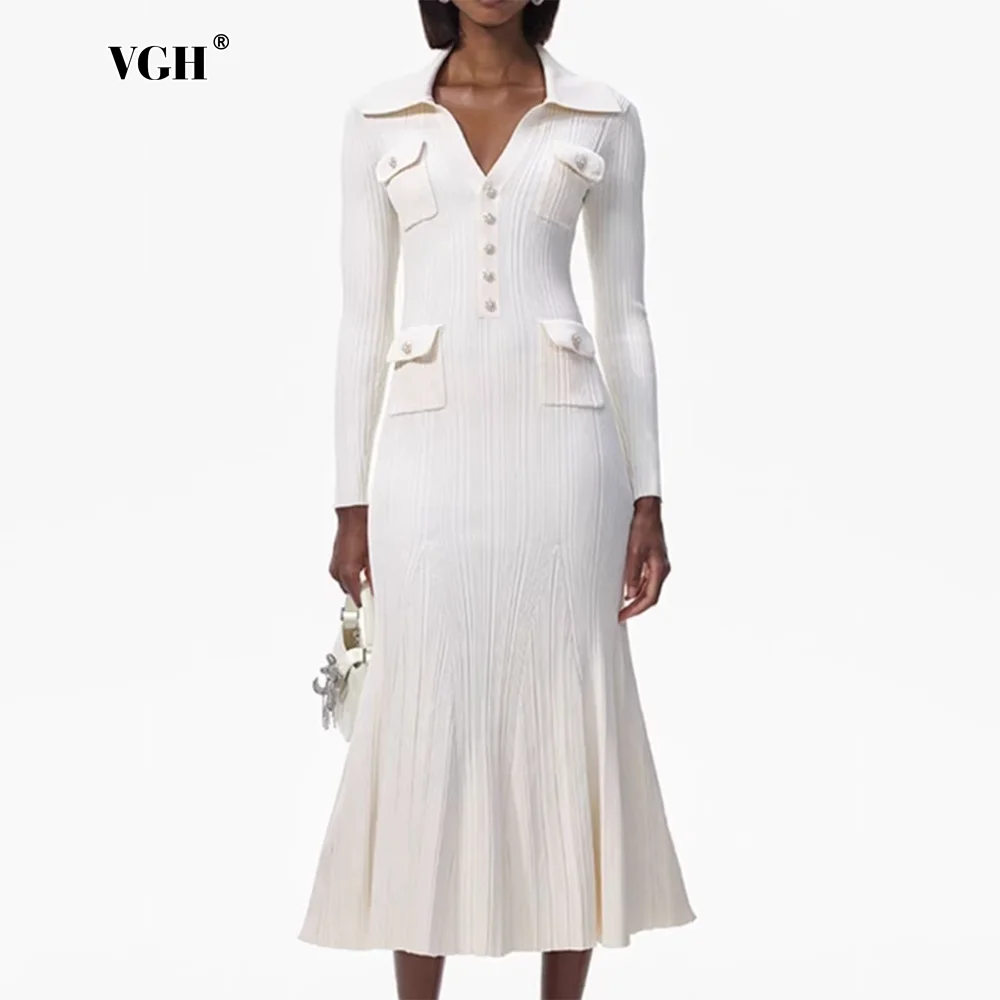 VGH Elegant Temperament Women's Solid Dress Lapel Long Sleeve High Waist Spliced Single Breasted Bodycon Knitted Dresses Autumn