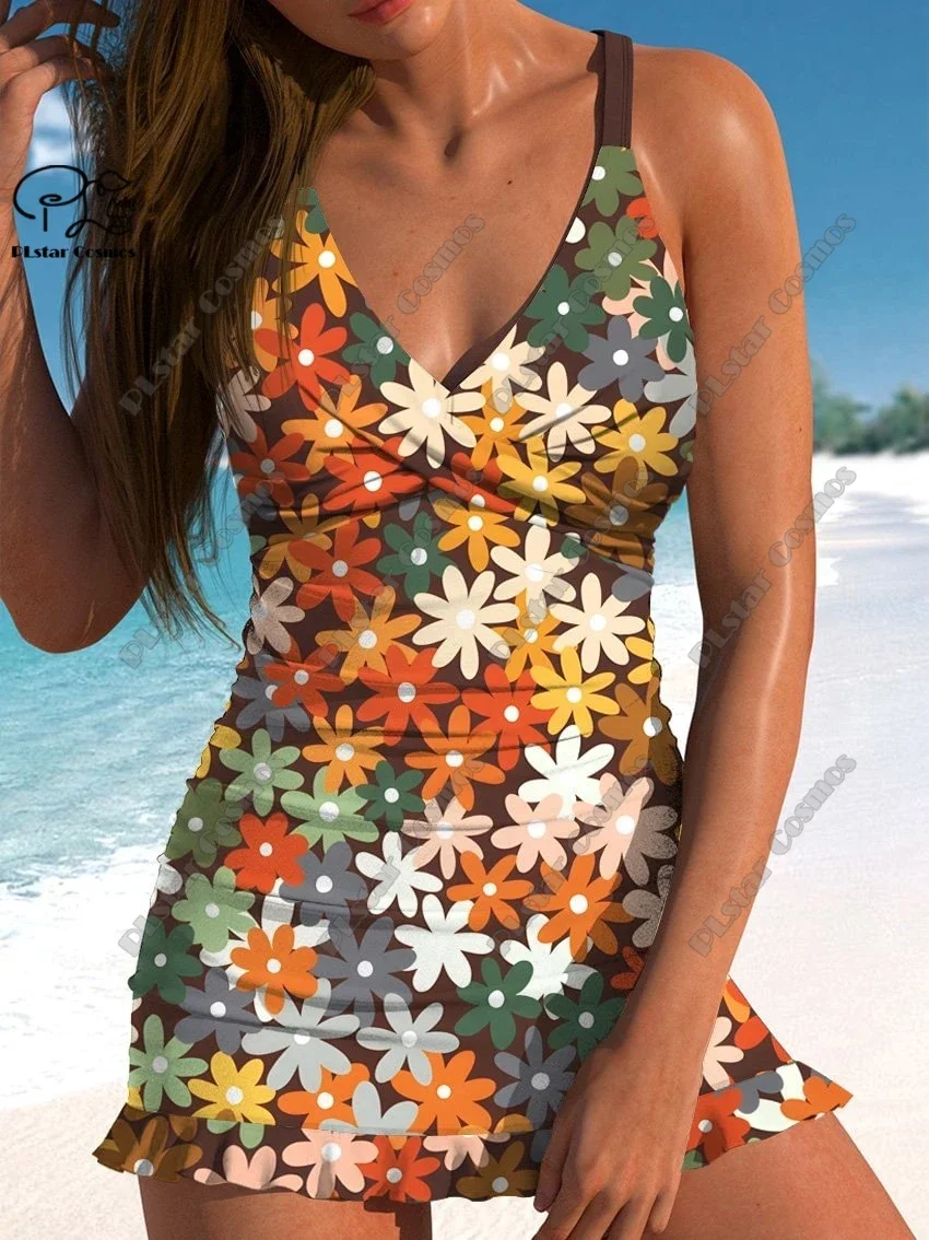 Femmes été frais floral 3D imprimé jupe à bretelles dentelle maillot de bain vacances voyage nouveau dos croix sangle design maillot de bain D-16