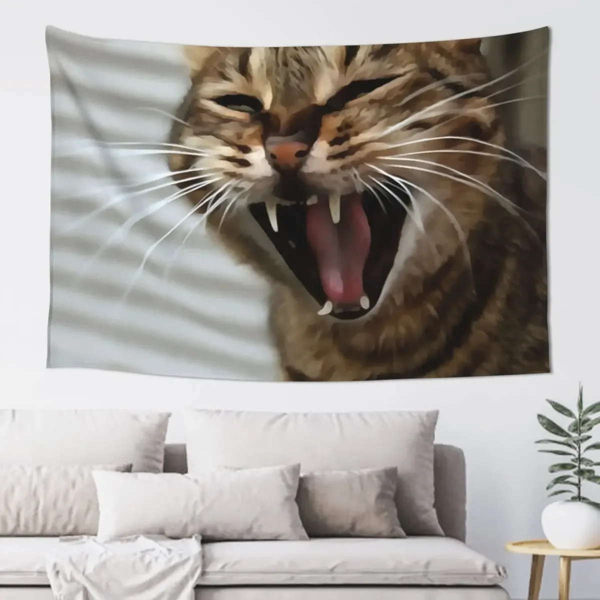 Tabby Cat Yawning Artistic Portrait Tapestry Wall Coverings Bedroom Decor Kawaii Room Decor Tapestry