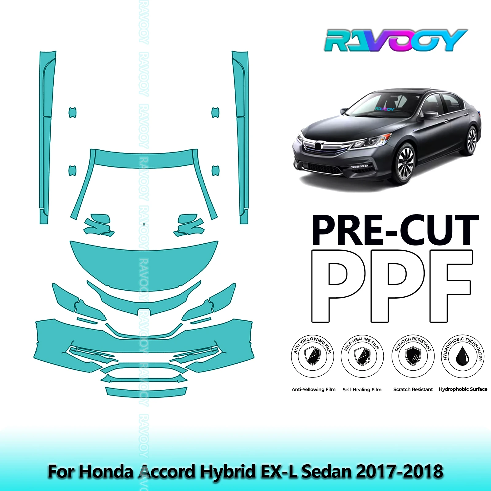 

8.5Mil Precut Paint Protection Film PPF Clear Bra Front Kit+Rockers For Honda Accord Hybrid EX-L Sedan 2017-2018
