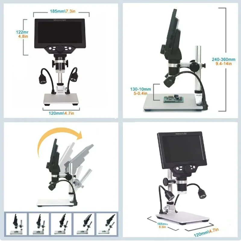 1200X Digital Microscope 12MP Electronic Video Microscopes 7 Inch HD LCD Soldering Phone Repair Magnifier Metal Stand PC View