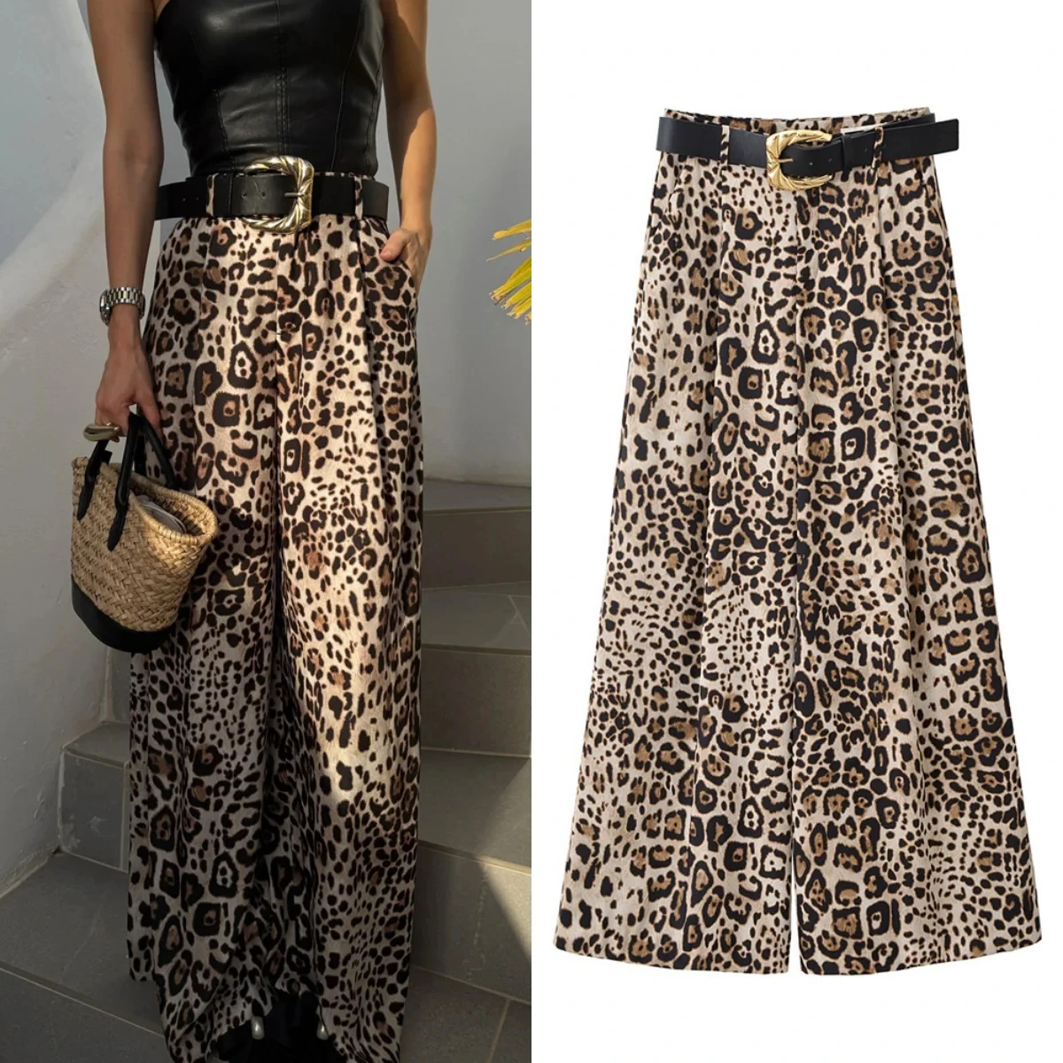 

Женские широкие брюки с высокой талией и поясом, летняя шикарная уличная одежда, женские повседневные свободные прямые брюки, женские атласные брюки с леопардовым принтом