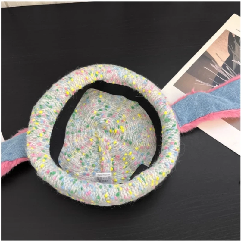 الكورية Ins لطيف مختلط اللون أرنب الأذن محبوك القبعات قبعة المرأة الخريف والشتاء الدافئة ومتعددة الاستخدامات Y2k قبة الرسام قبعة