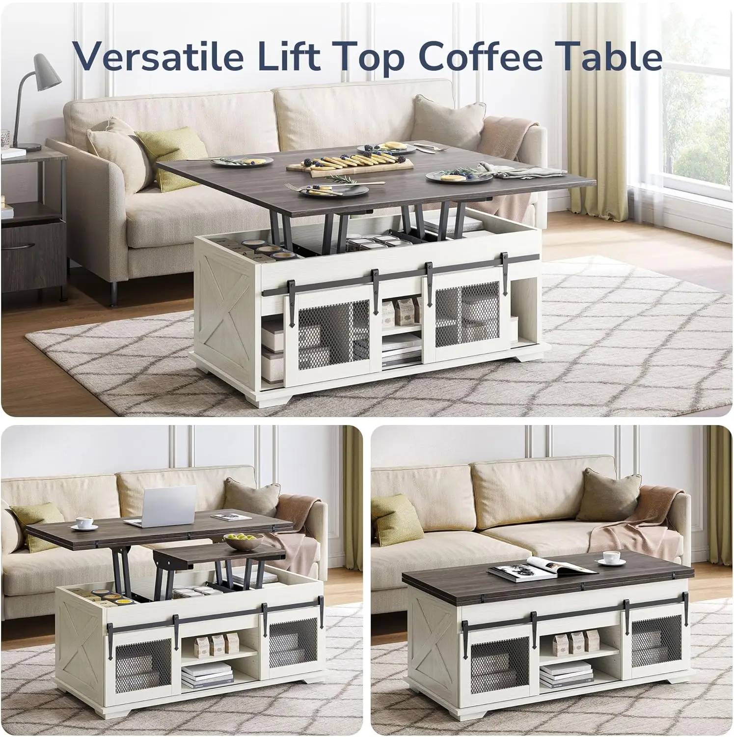 Mesa de café multifuncional com armazenamento e portas de celeiro deslizantes, Lift Top Coffee Table, 44 "Farmhouse, 3 em 1