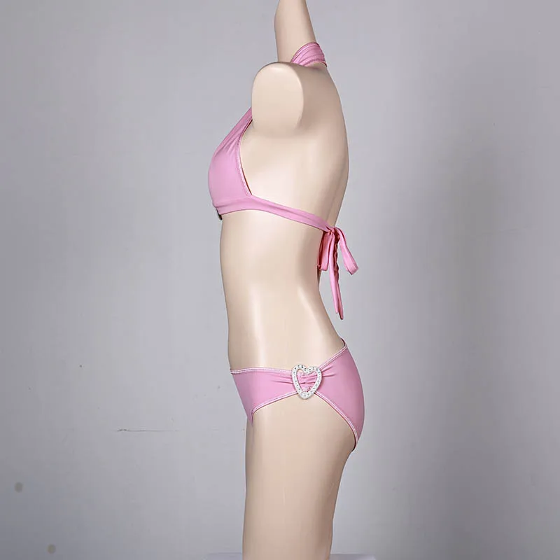 Maillot de bain deux pièces rose Y2K pour femmes, jolies filles, ensemble bikini sexy avec cœur en biscuits, baigneur, bain trempé