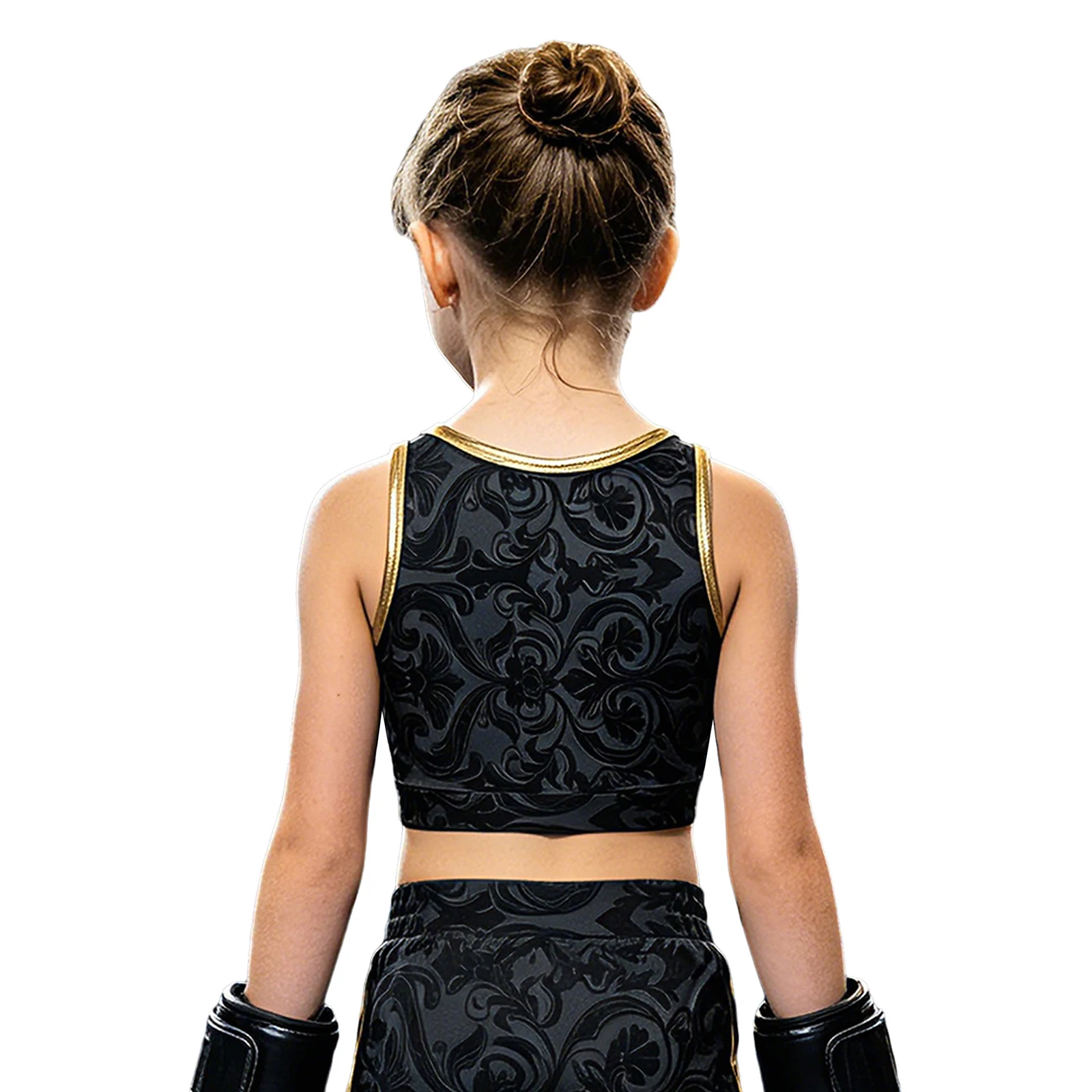 Kids Girls Sleeveless Boxing Crop Tops Floral Print Elastic Hem Metallic Trim Tank Top Round Neck Sports Training Vest