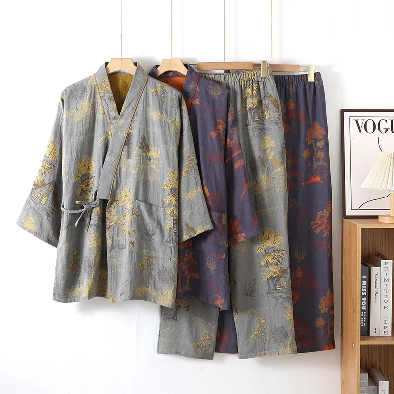 Men's Spring and Autumn Kimono Robes with Long Pants Pajamas Set Home Clothes Cotton Loose Pijama Masculino Clothes