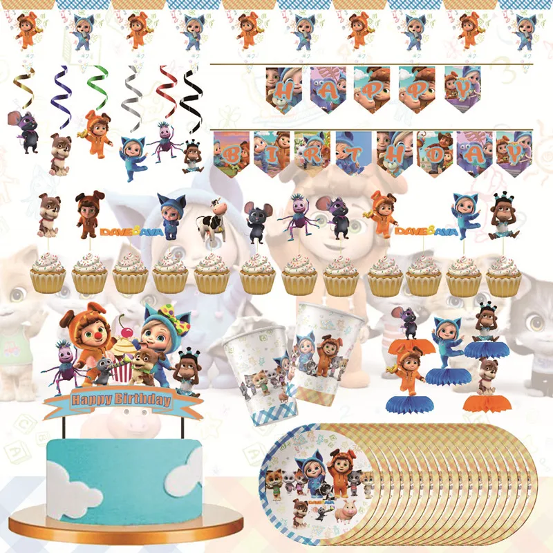 Disney DAVE AND AVA Birthday Theme Gift DAVE AND AVA Disposable Party Supplies Party Cups Napkins Pull Flag Cake Set Gifts