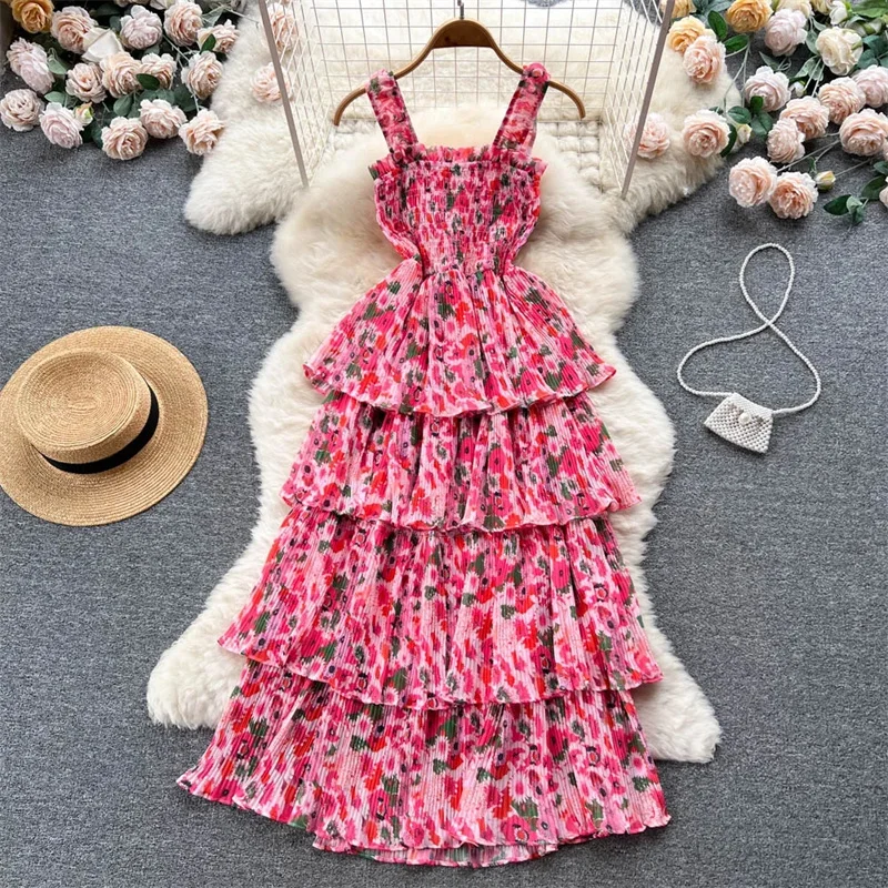 

2025 New Summer Korean Fashion Rose Flower Print Romantic Retro Party Dress Elastic High Waist Vacation Long Dress Beach Vestido
