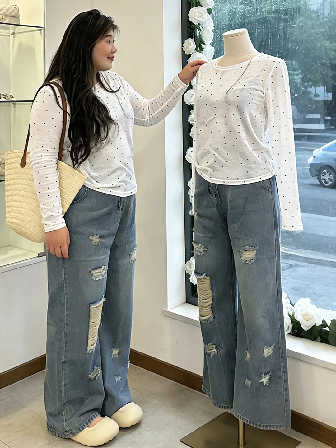 

Женские джинсы больших размеров с эффектом потертости, прямые, с высокой талией, широкие штанины, повседневные, весна-лето, модные джинсы больших размеров