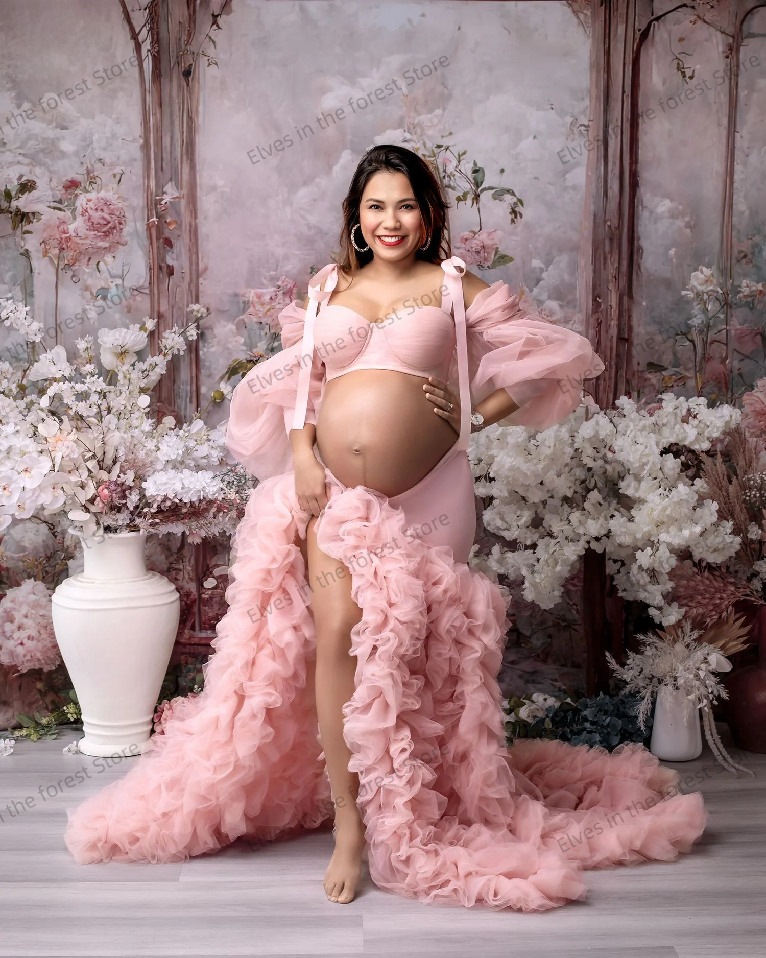 Pink Mermaid Maternity Robes for Photoshoot  2Pcs Tiered Ruffles Pregnant Women Dresses Sexy Side Split Babyshower Gowns