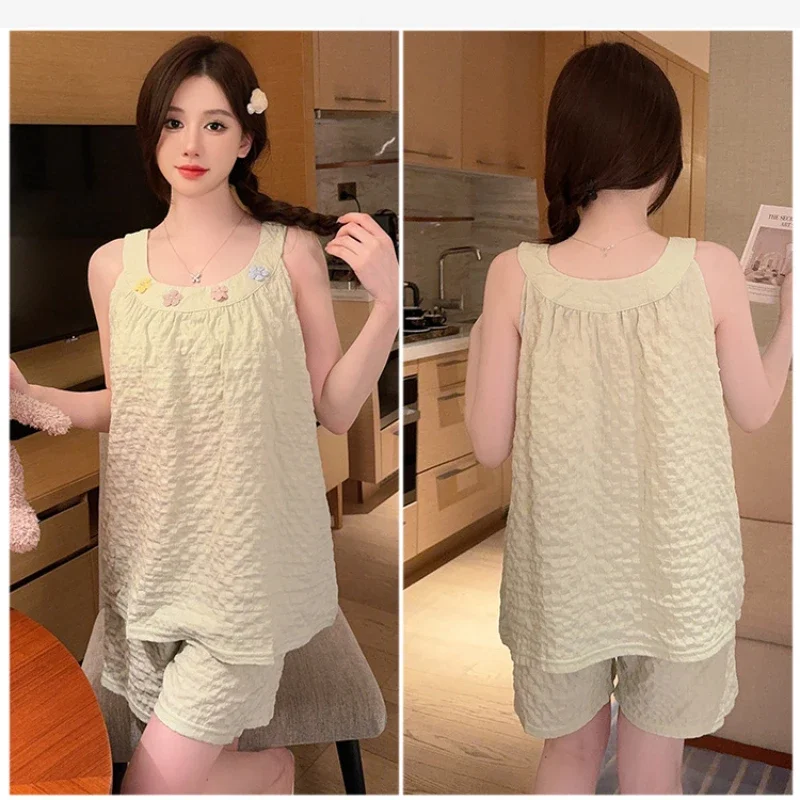 Pijama de algodón con almohadillas para el pecho para mujer, ropa de casa suave y acogedora, estilo coreano, talla grande, Verano