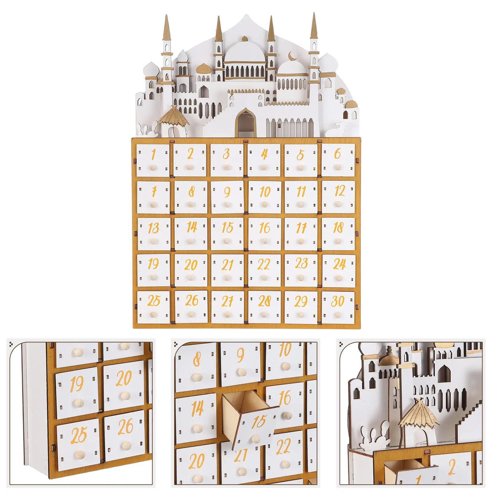 

Деревянный адвент-календарь на Рамадан с 30 ящичками, светодиодной подсветкой, настольный органайзер, украшения для мусульманских праздников Рамадан и Ид