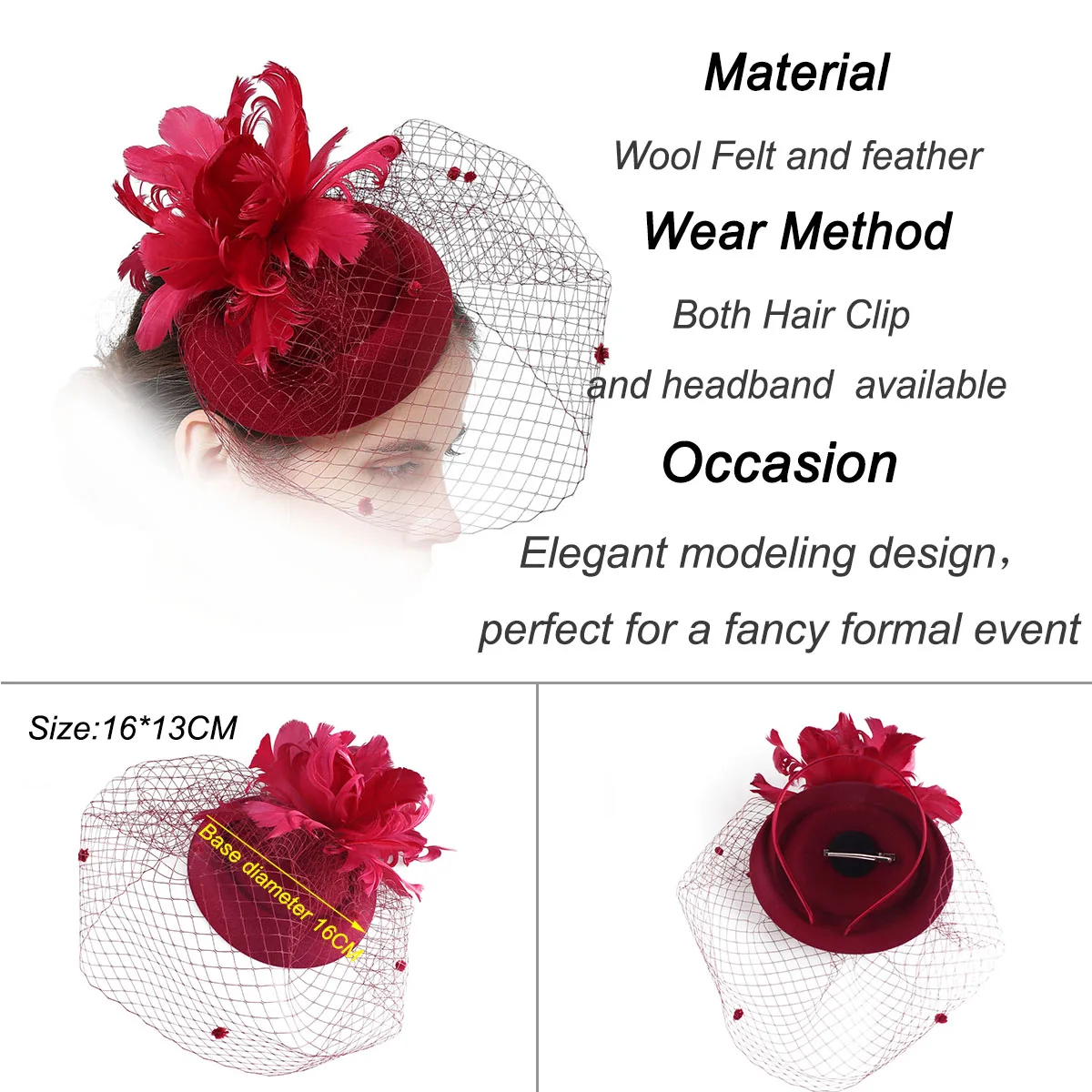 Women Black Fascinator Veils Hat With Clip Phillbox Feather Hair Clip Cocktail Tea Party Hair Accessories Ladies Net Headwear