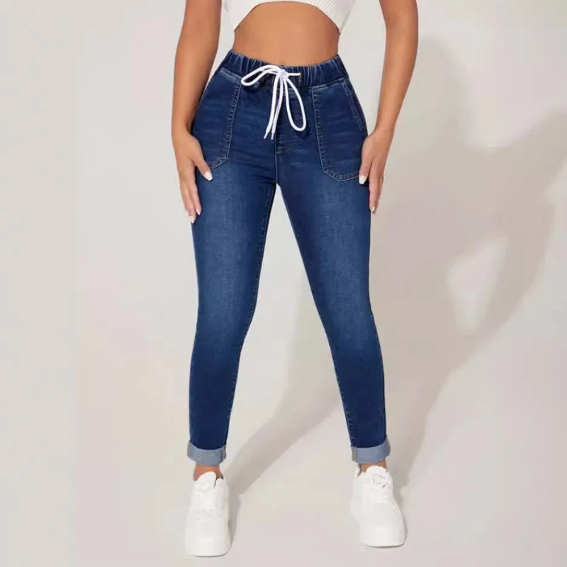 Cross-border Exclusive for European American Women Clothing Nine-point Jeans Amazon Drawstring Elastic Waist High-elastic Jeans