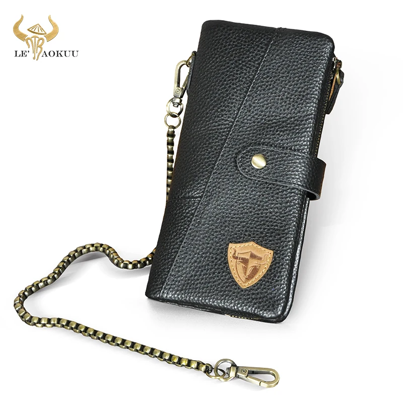 Hot Sale Thick Soft Real Leather Travel Business Organizer Chain RFID Wallet For Men Long Zipper Male Purse Card Holder 1803