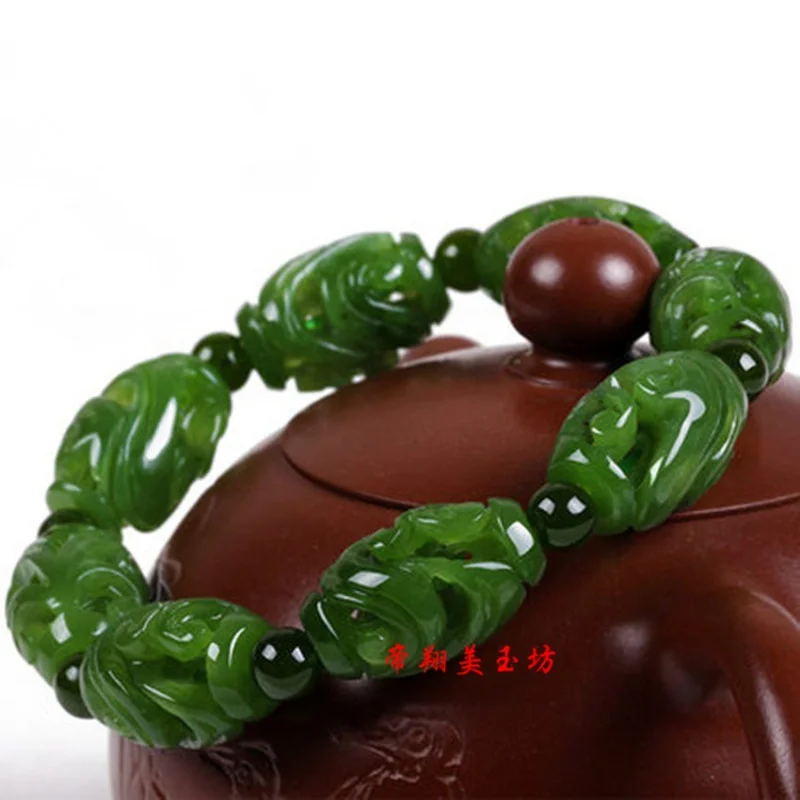 Xinjiang Hetian Green Jade Jasper Hollow Carved Bracelet Men and Women