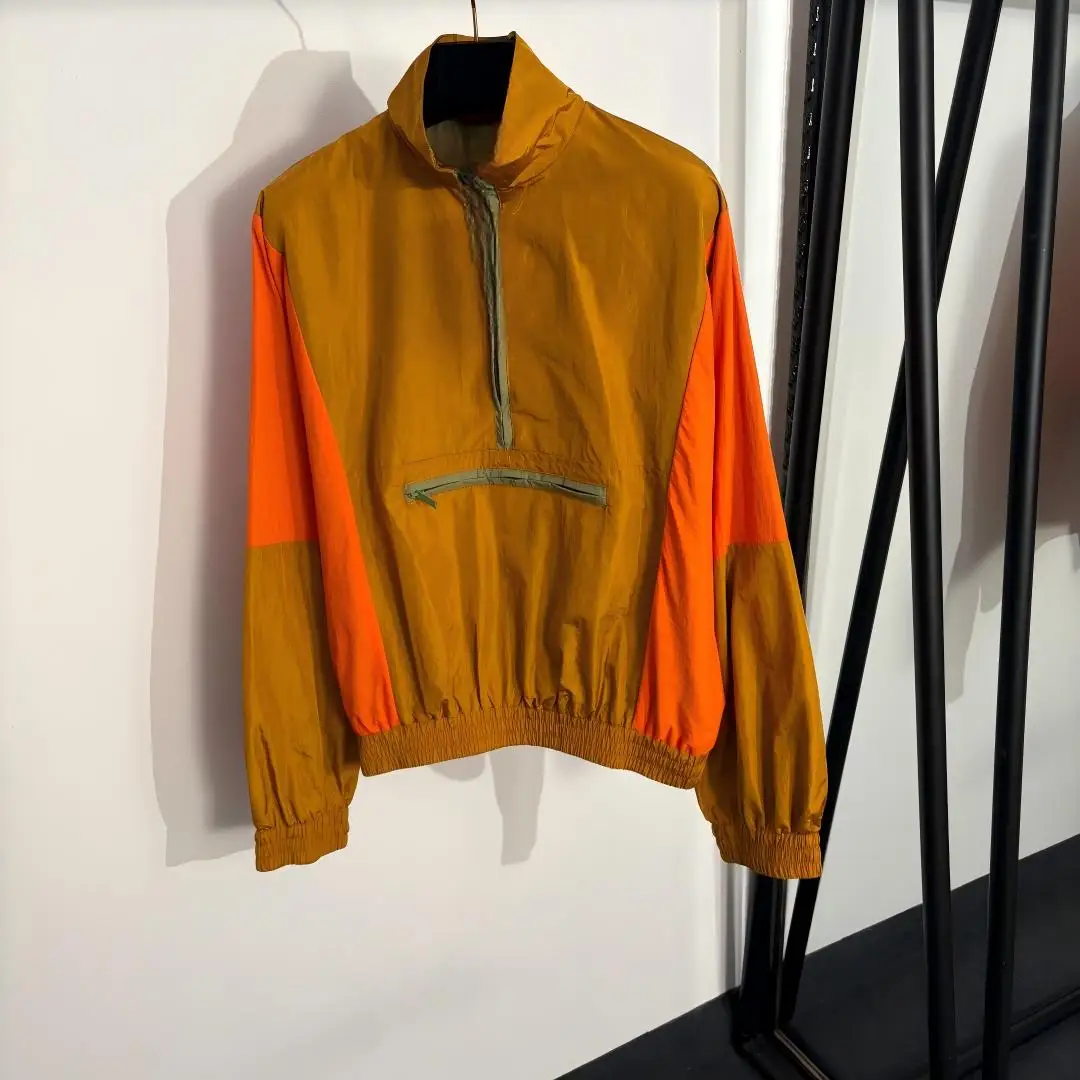 

New Fashion Orange Red Color Block Half-Zip Jacket Women Lapel Long Sleeve Commuter Windbreaker Coat