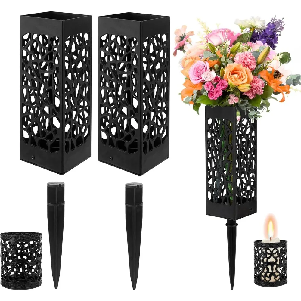 

Two black plastic cemetery vases, each with a drainage hole and a hollow candlestick